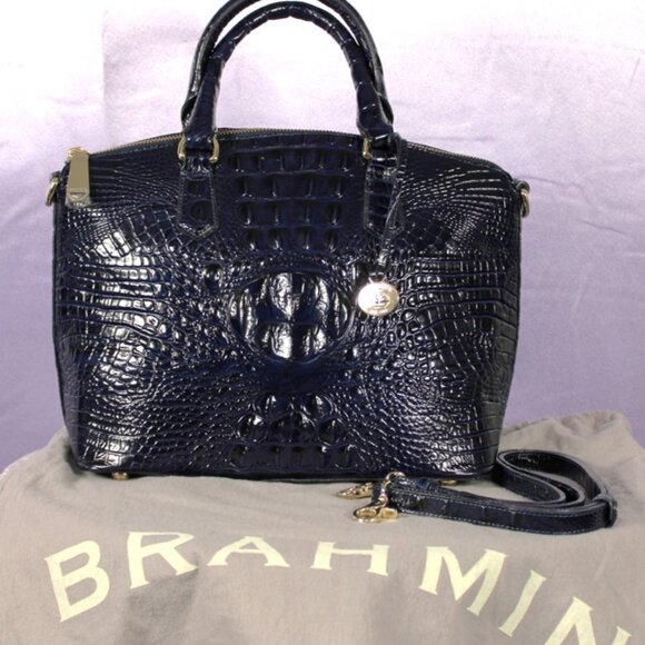 Brahmin Handbags - Brahmin Croc Embossed Leather Satchel Navy Melbourne Dome Bag w/ Strap & Dust Ba